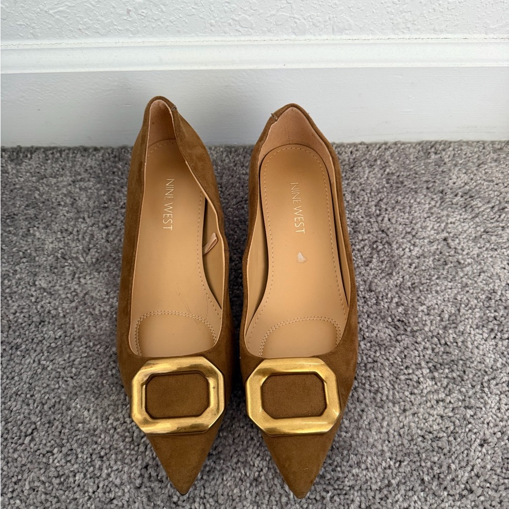 Nine West Brown Suede Pointed Flats with Gold Accent